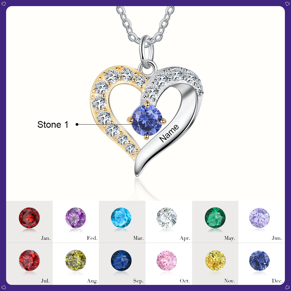 Birthstone & Engraved Two Tone Heart Necklace 1 to 4 Stones.