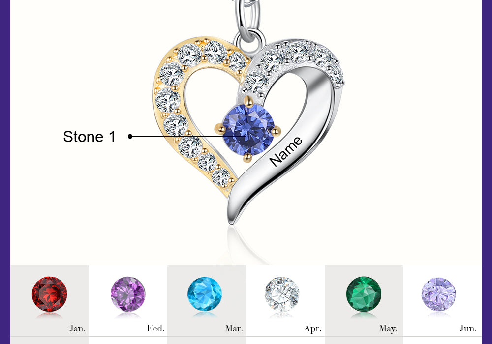 Birthstone & Engraved Two Tone Heart Necklace 1 to 4 Stones.