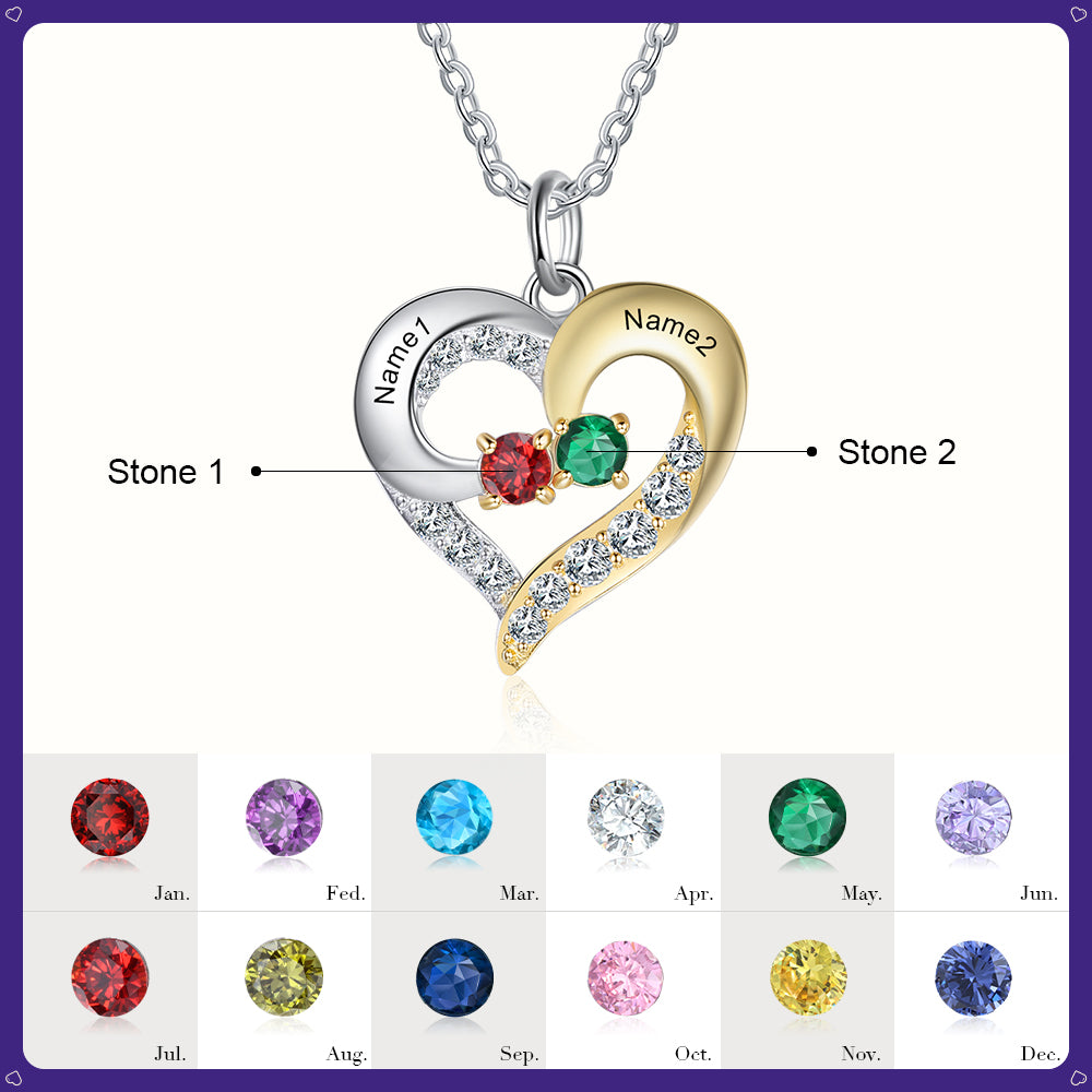Birthstone & Engraved Two Tone Heart Necklace 1 to 4 Stones.