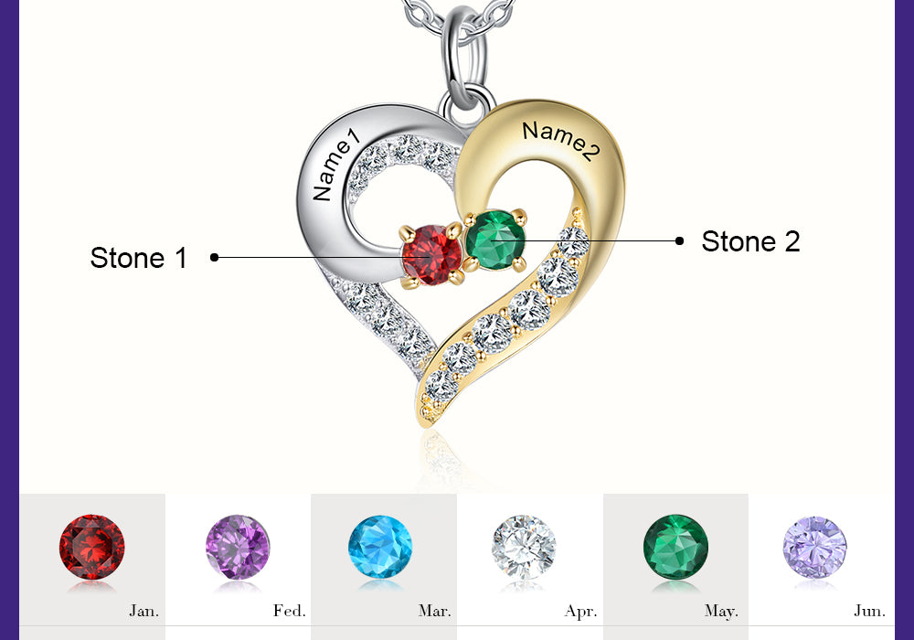 Birthstone & Engraved Two Tone Heart Necklace 1 to 4 Stones.