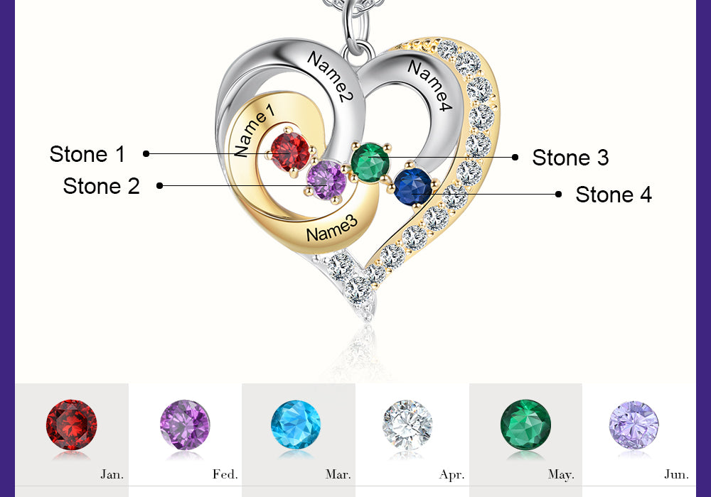 Birthstone & Engraved Two Tone Heart Necklace 1 to 4 Stones.