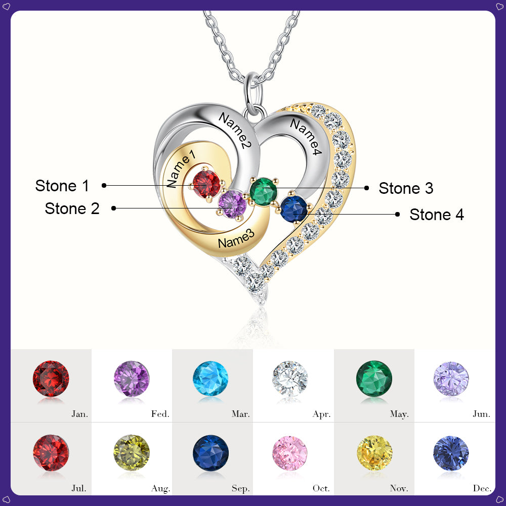 Birthstone & Engraved Two Tone Heart Necklace 1 to 4 Stones.