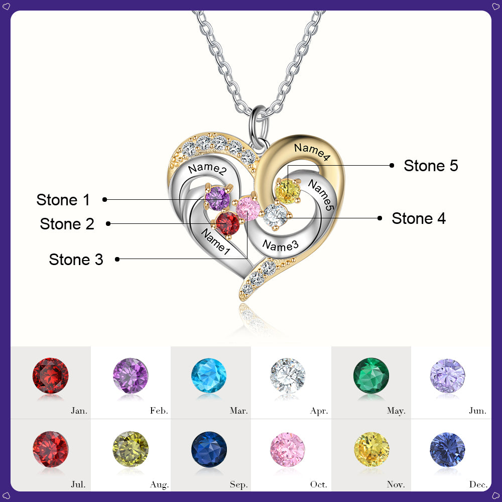 Birthstone & Engraved Two Tone Heart Necklace 1 to 4 Stones.