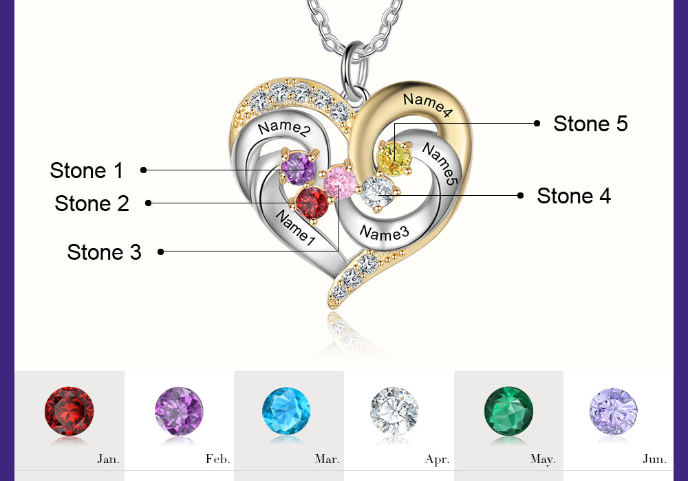 Birthstone & Engraved Two Tone Heart Necklace 1 to 4 Stones.