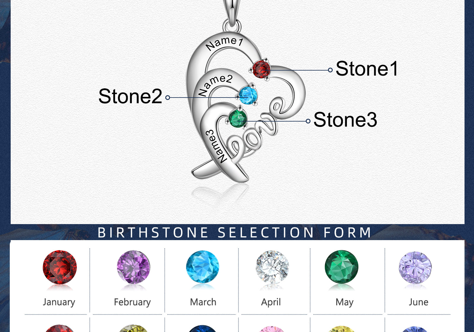 LOVE Heart Necklace 2 to 4 Stones