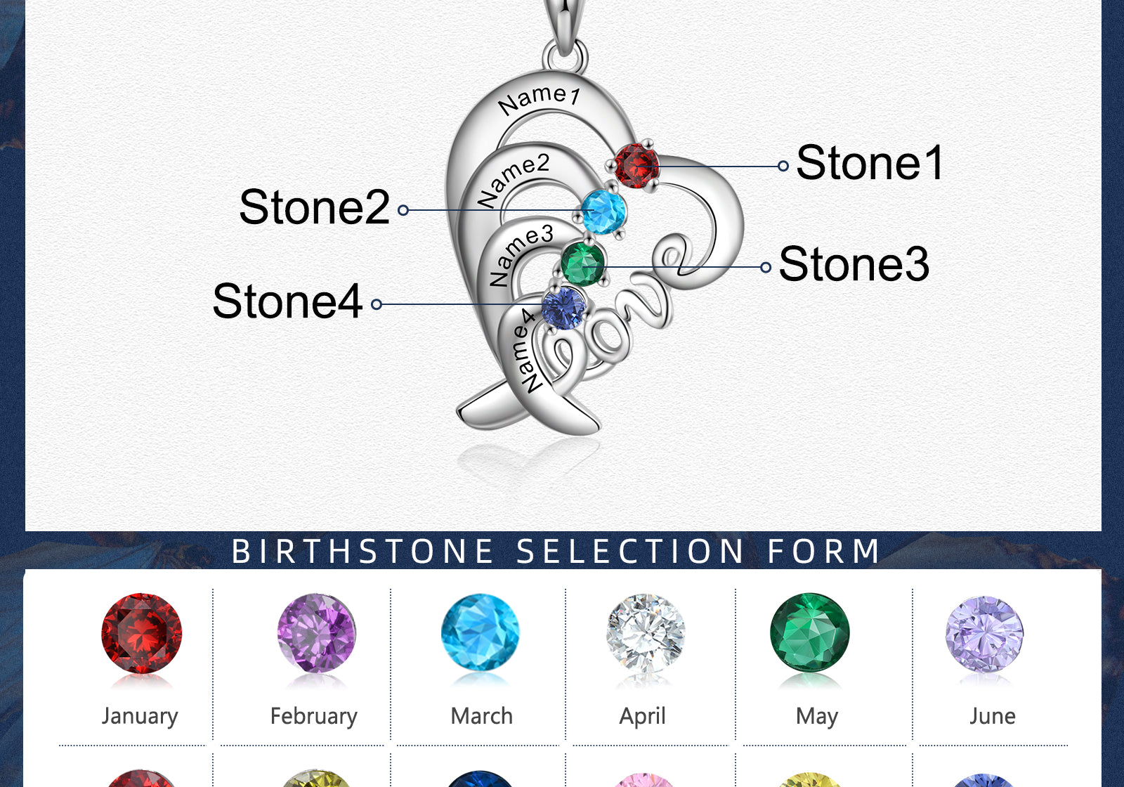 LOVE Heart Necklace 2 to 4 Stones