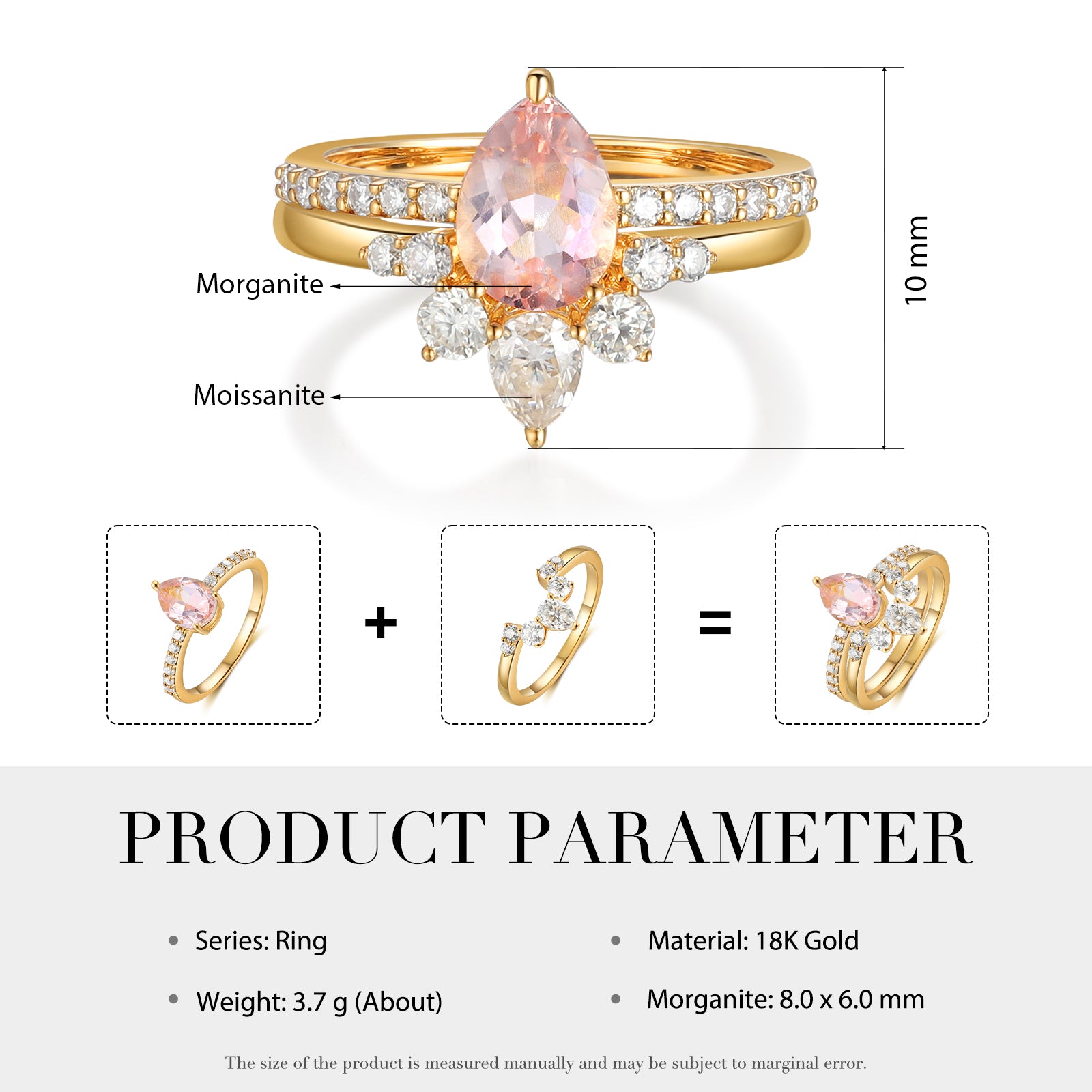 Natural Pear Shape Morganite Ring Set solid Gold