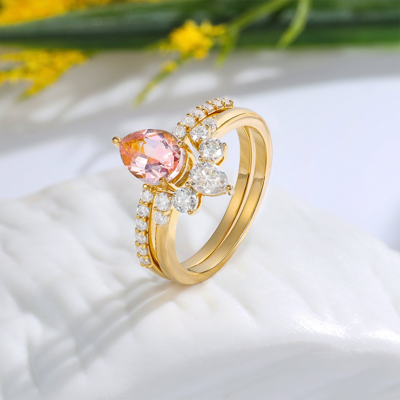 Natural Pear Shape Morganite Ring Set solid Gold