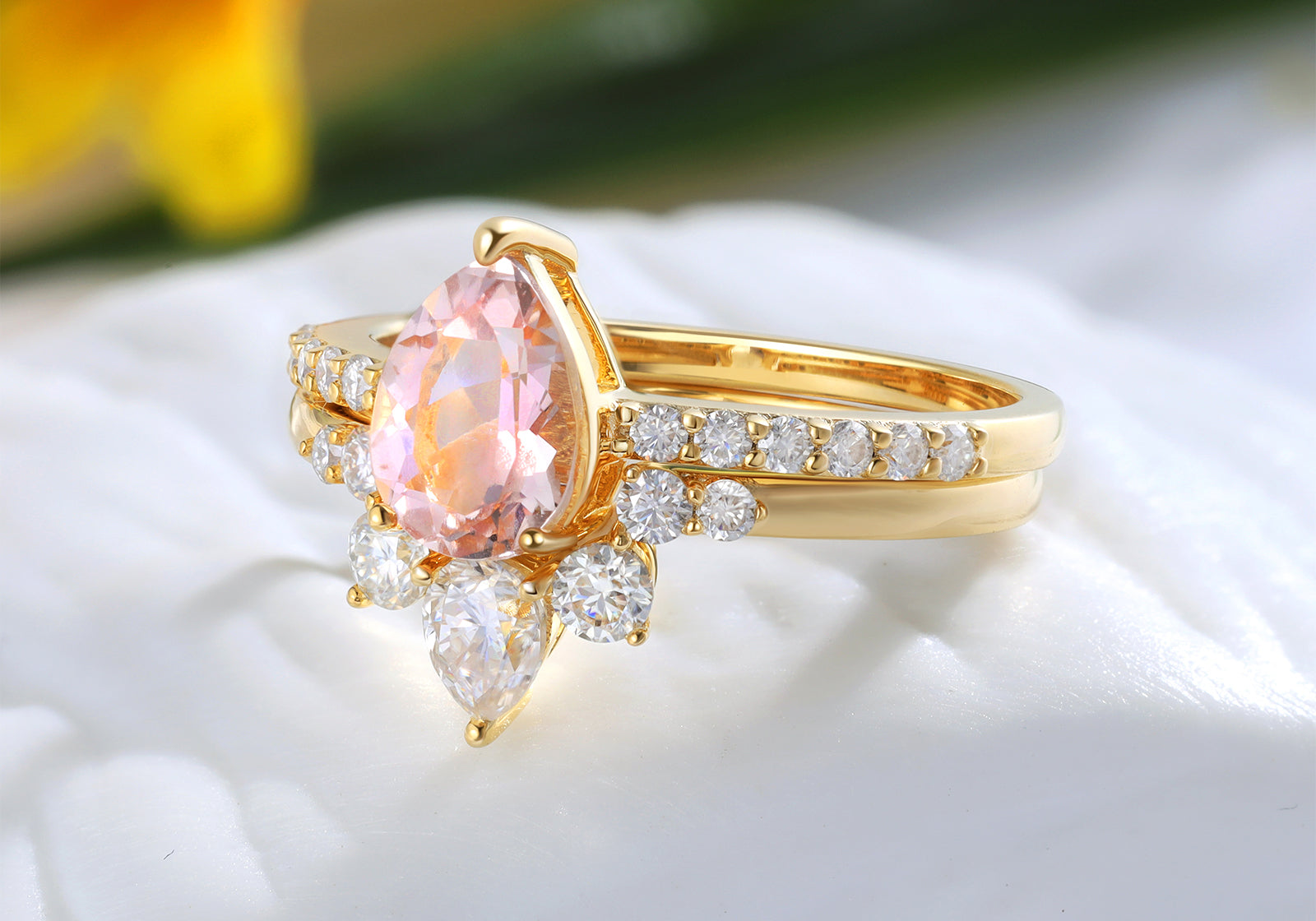 Natural Pear Shape Morganite Ring Set solid Gold