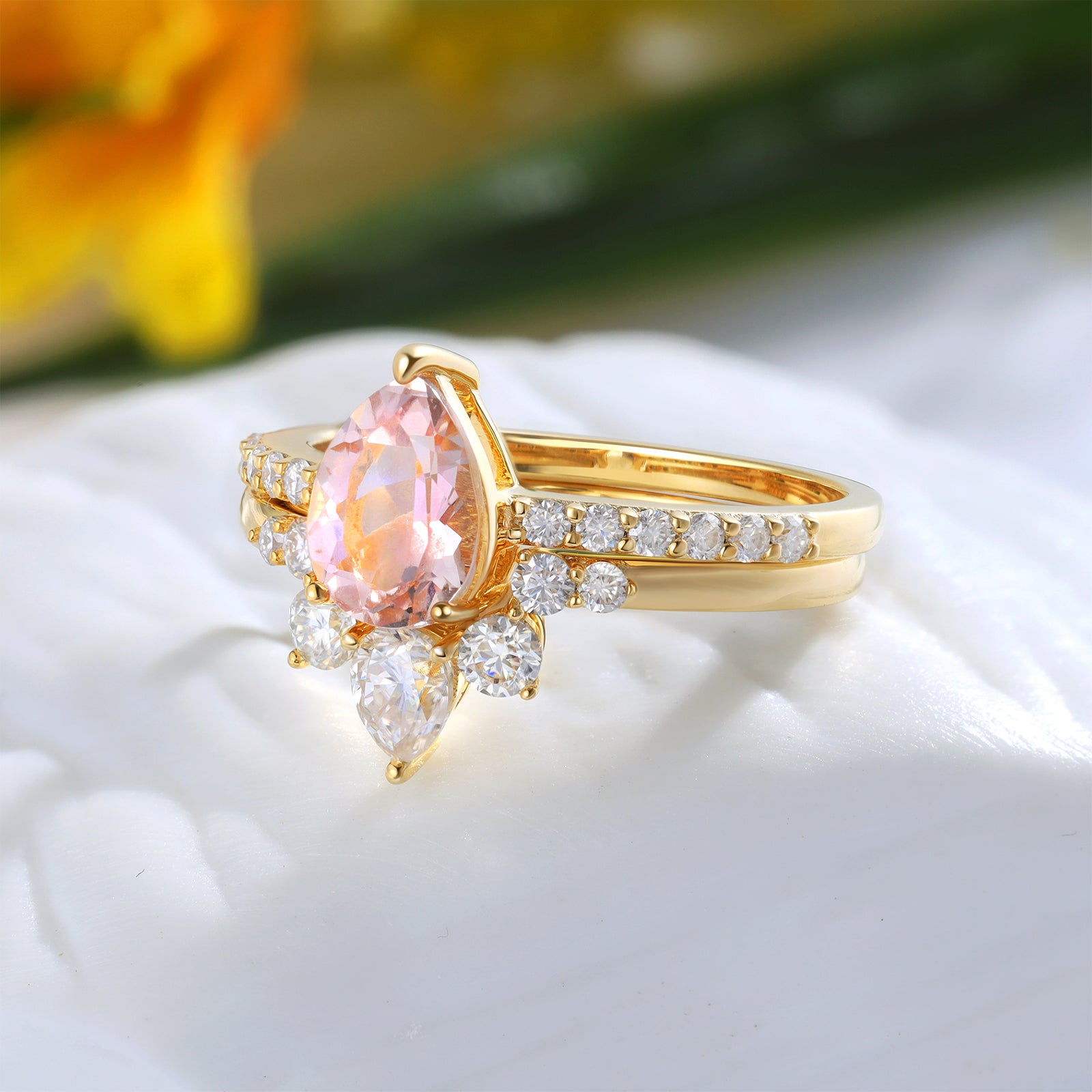 Natural Pear Shape Morganite Ring Set solid Gold