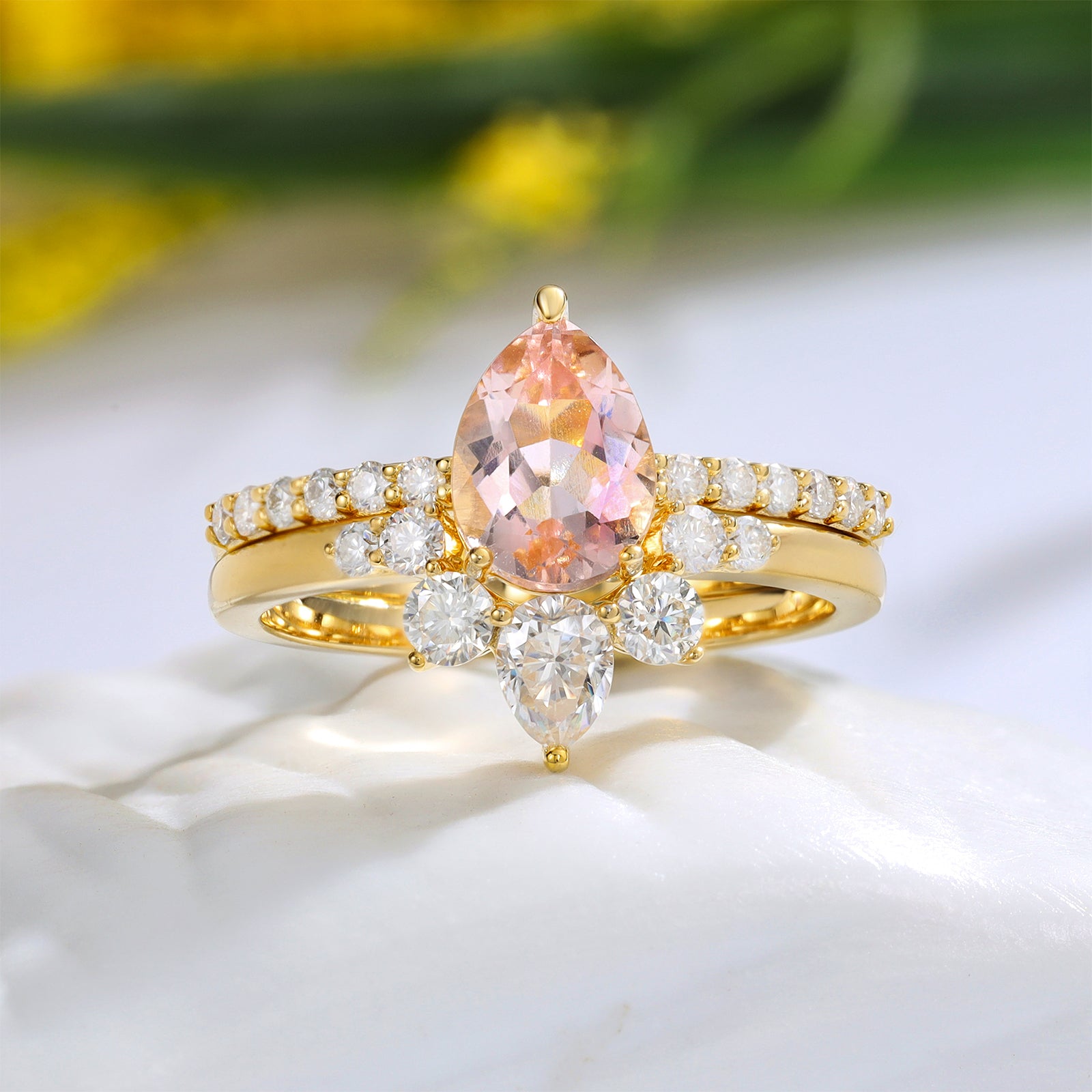 Natural Pear Shape Morganite Ring Set solid Gold