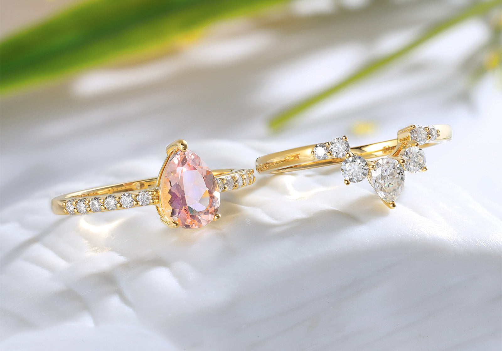 Natural Pear Shape Morganite Ring Set solid Gold