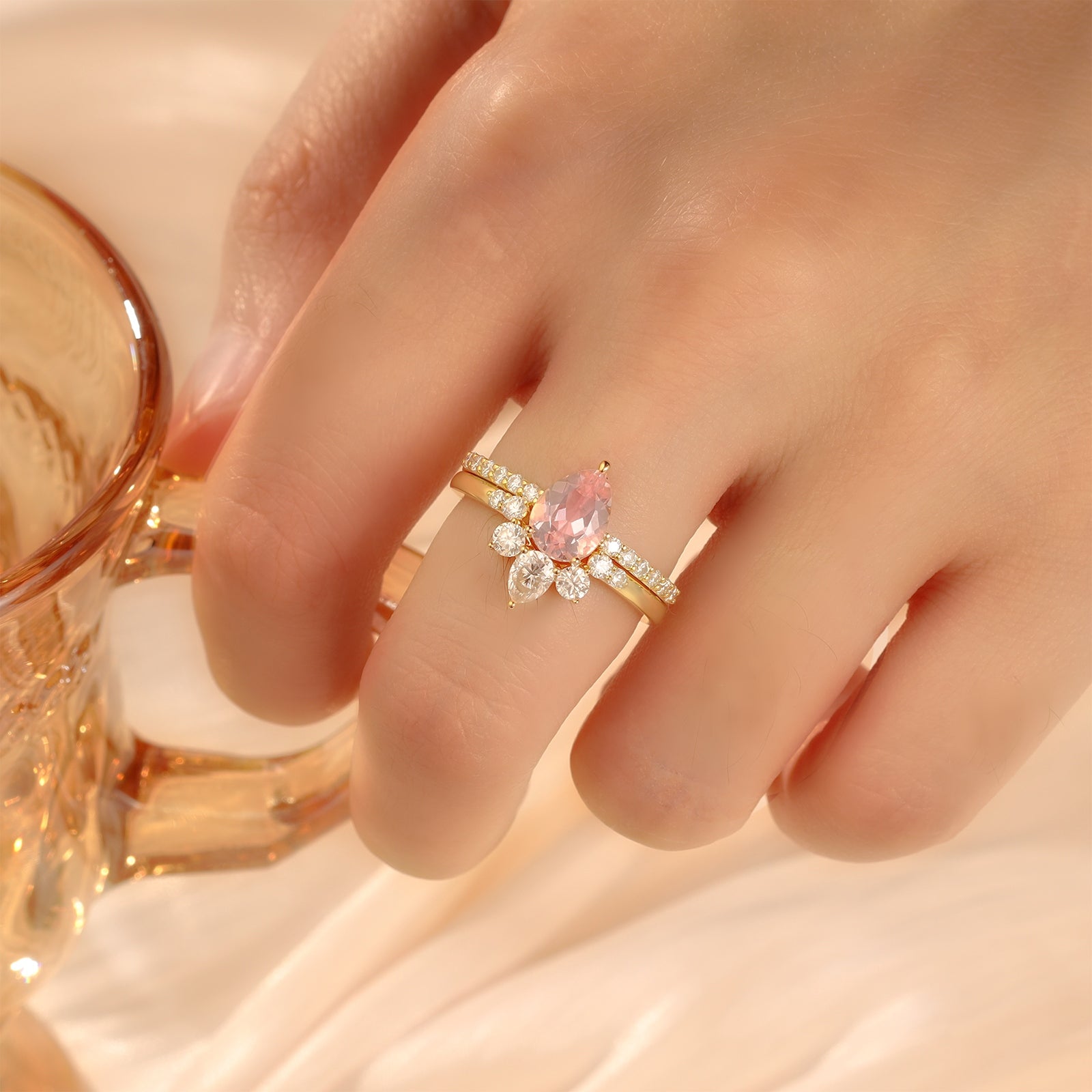 Natural Pear Shape Morganite Ring Set solid Gold