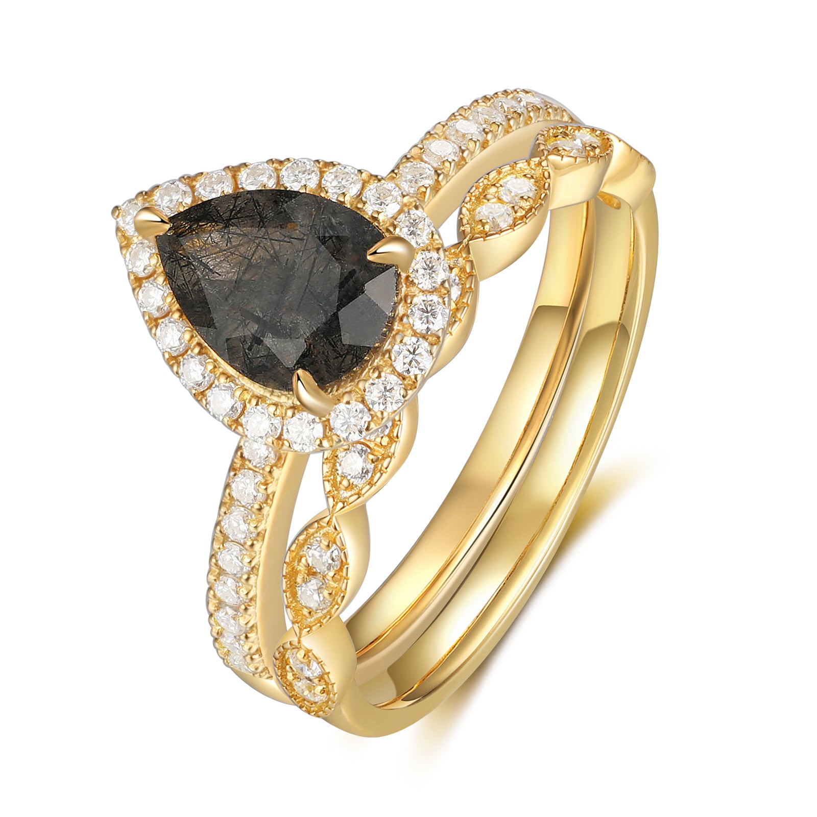 Natural Black Rutilated Quartz Ring 14 & 18K Gold