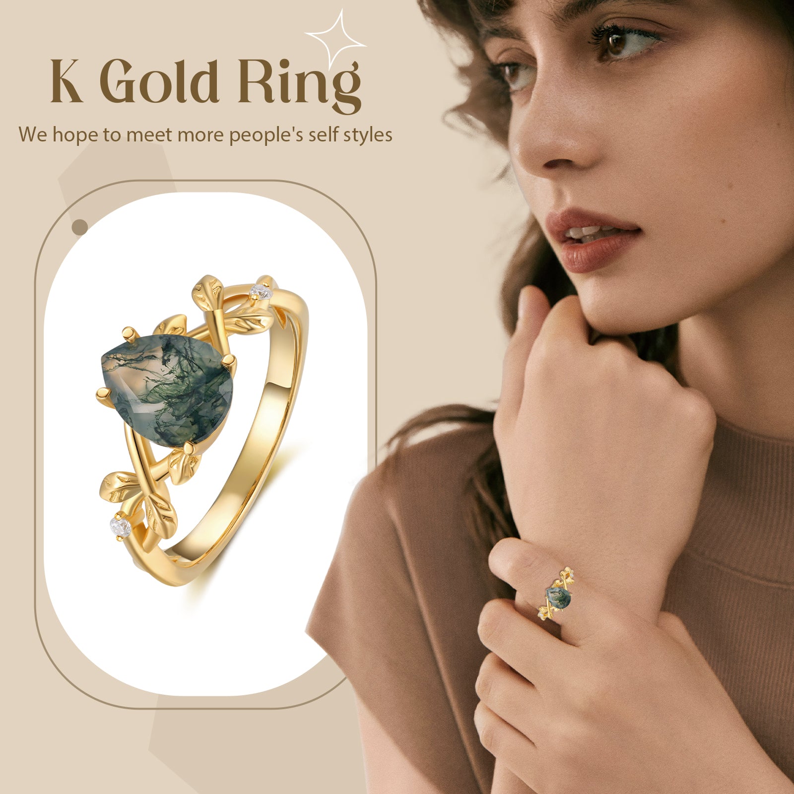 Moss Agate Pear shape Ring 18K Gold