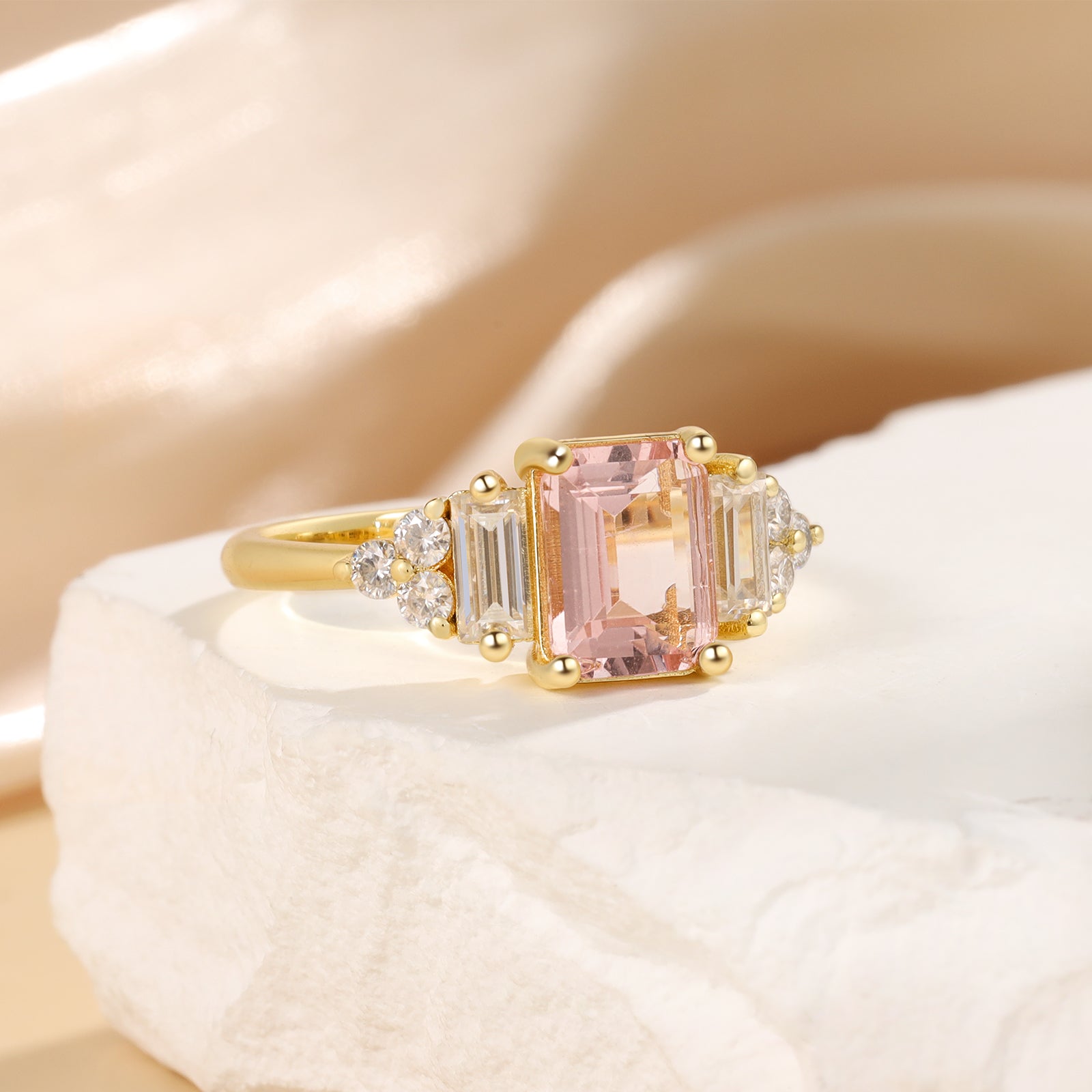 Emerald Cut Morganite Ring 14 & 18K Gold