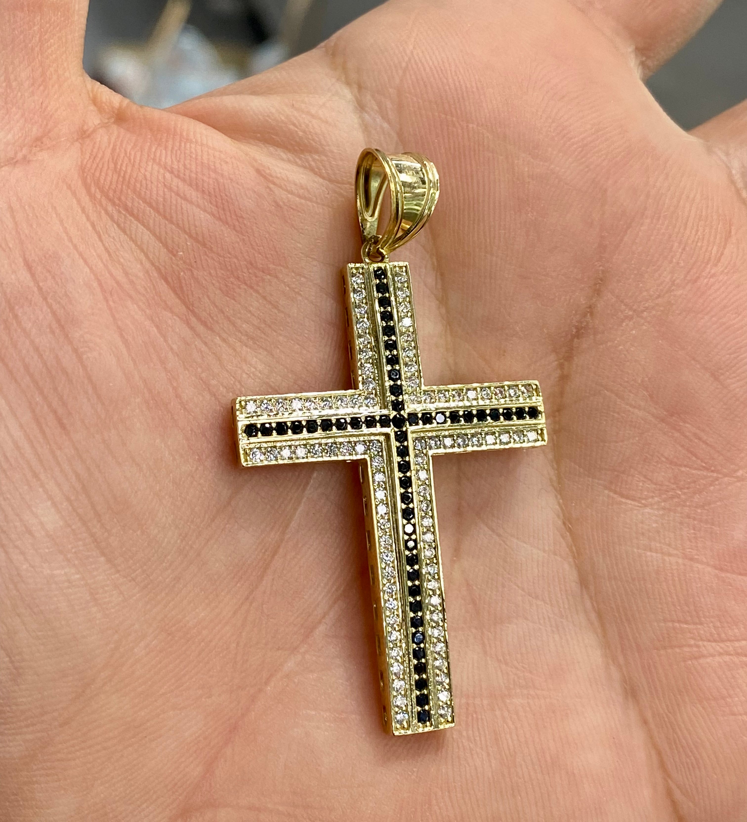 Cross White & Black CZ Pendant 10K Gold