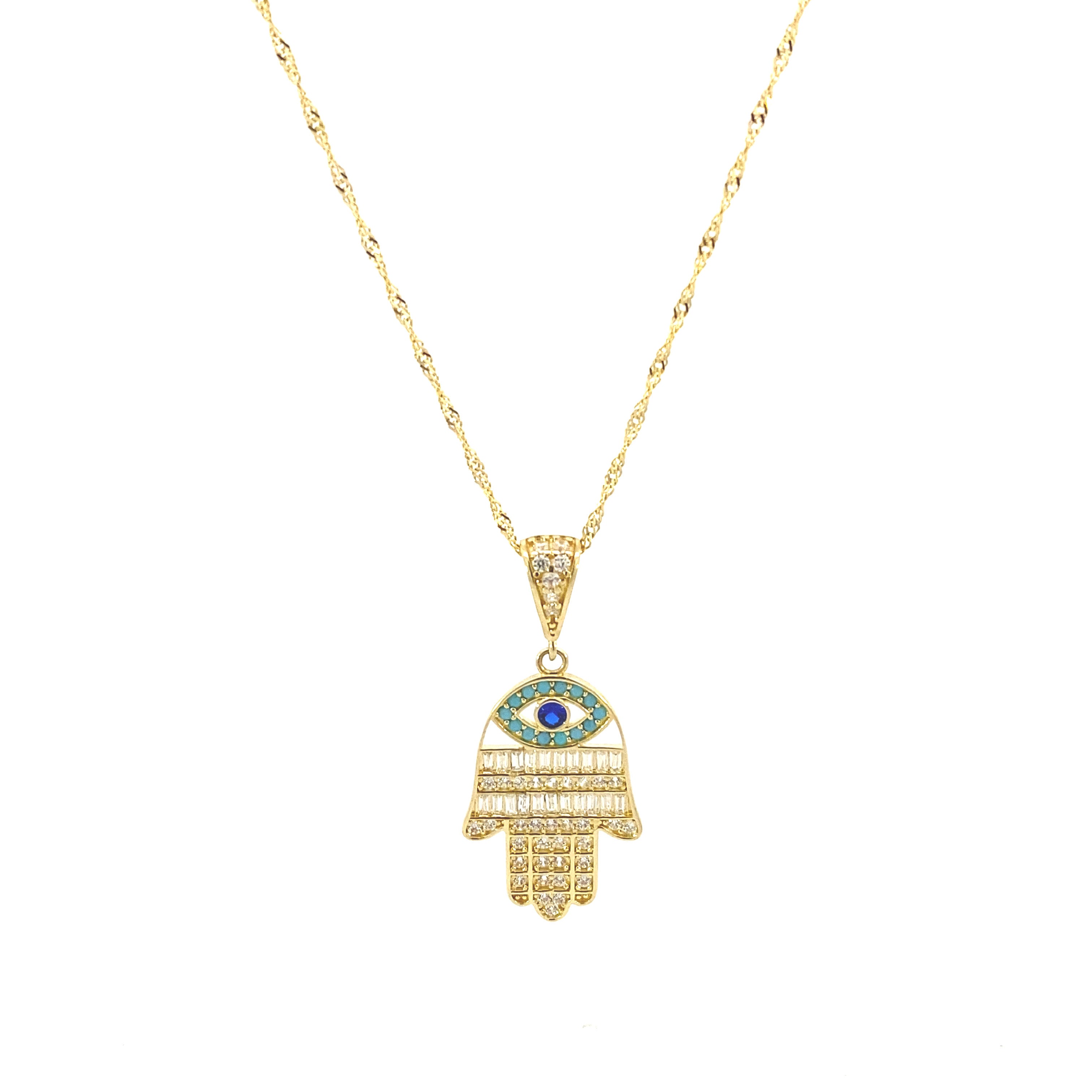 Hamsa Crystal Evil Eye Necklace 10K Gold
