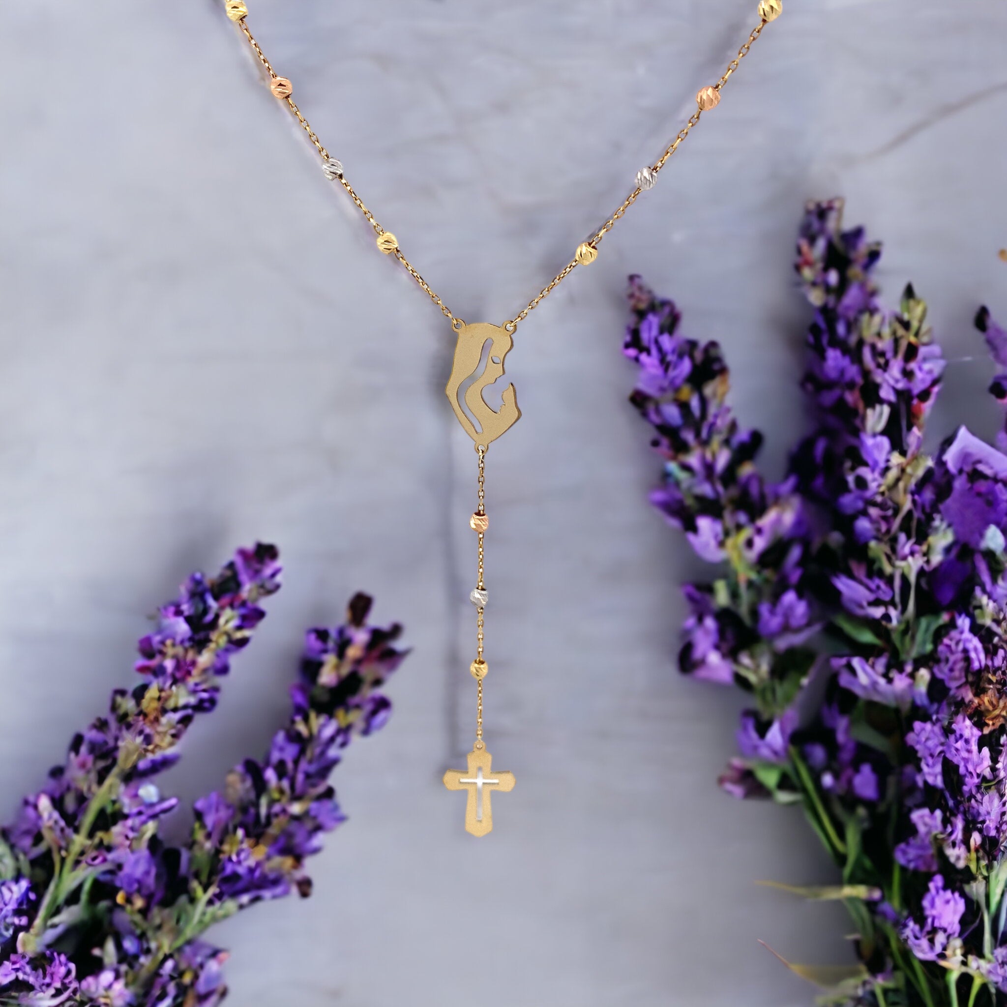 Virgin Mary Cross 18K Gold Rosary