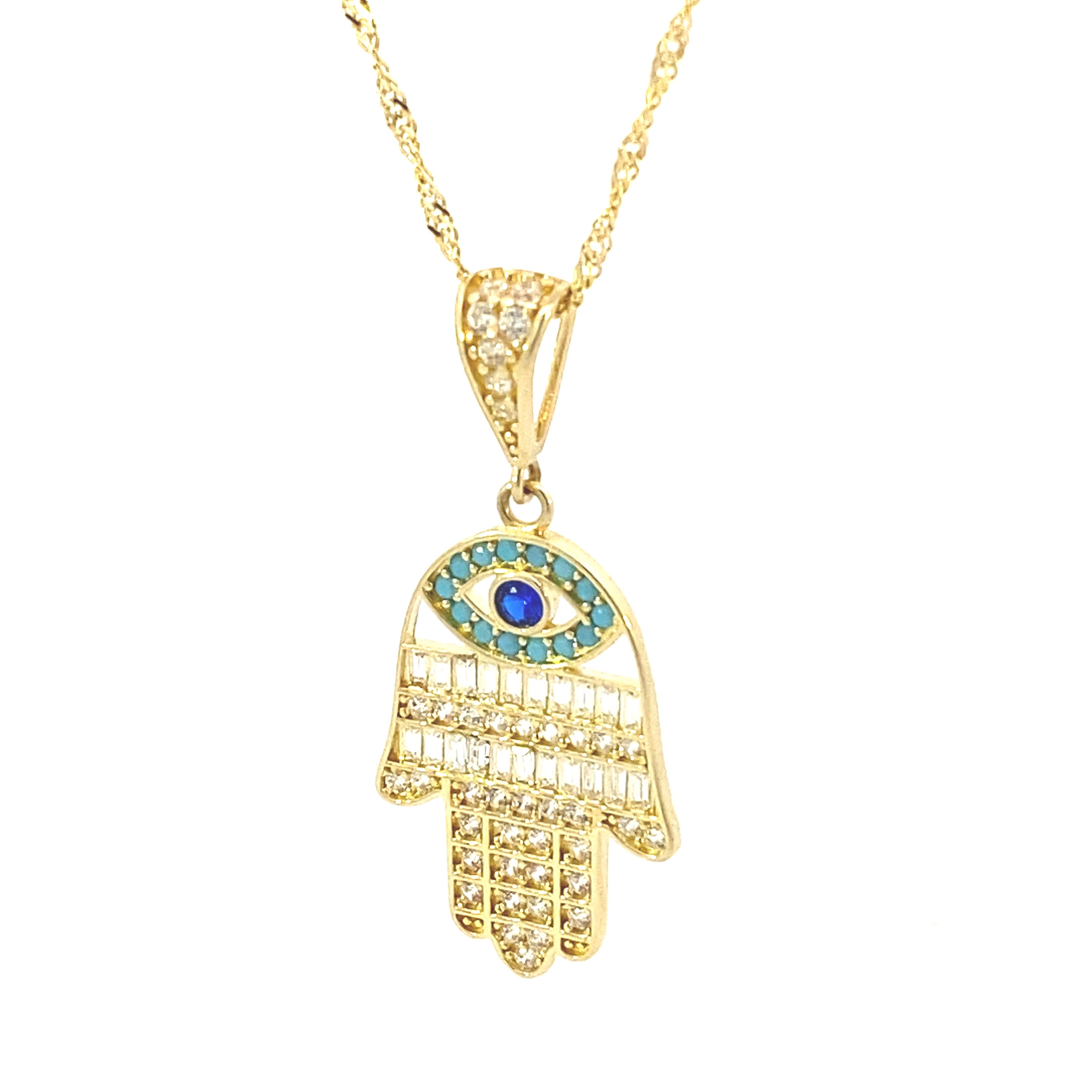 Hamsa Crystal Evil Eye Necklace 10K Gold