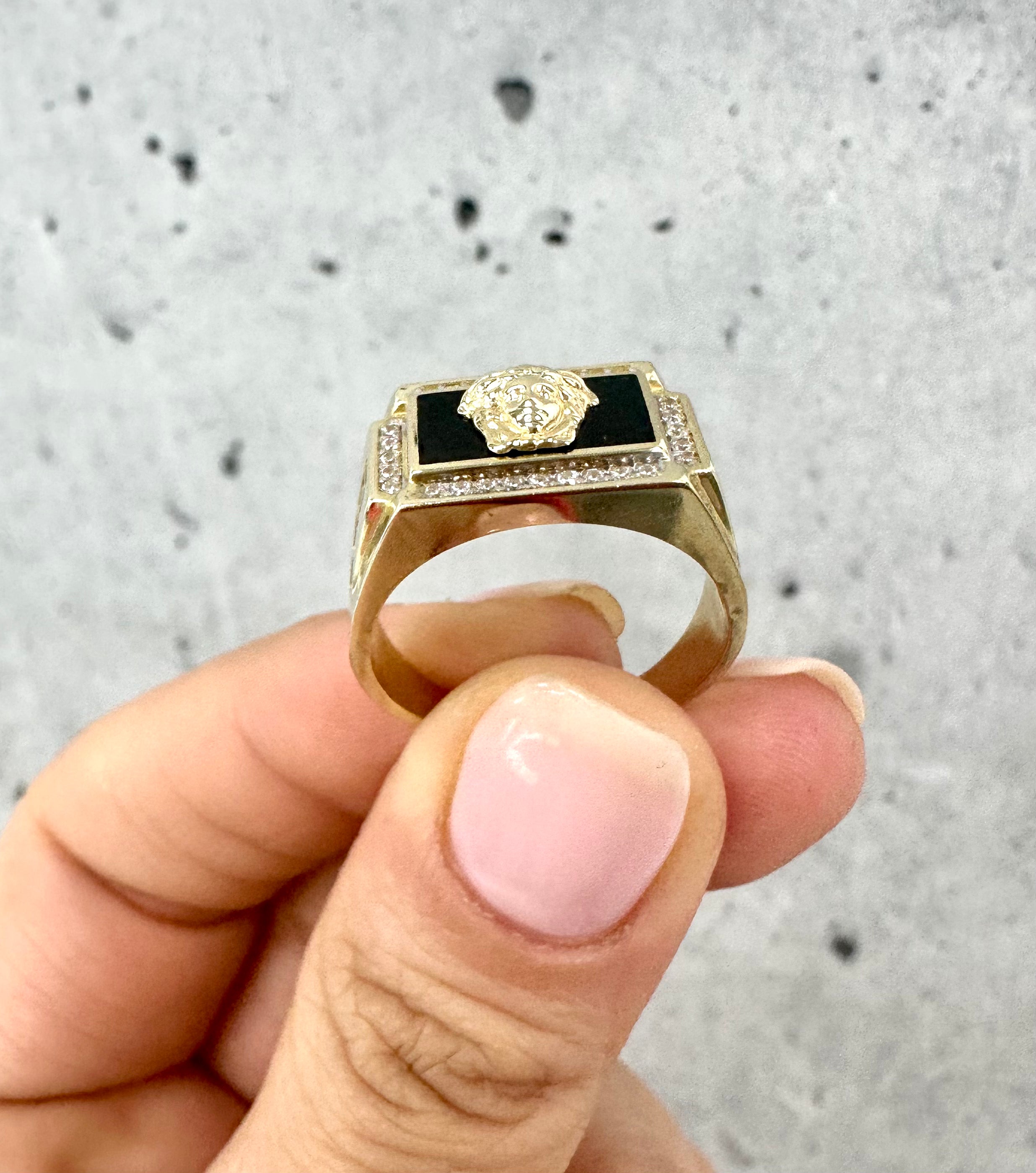 Rectangle Black Stone Medusa Ring 10K Gold