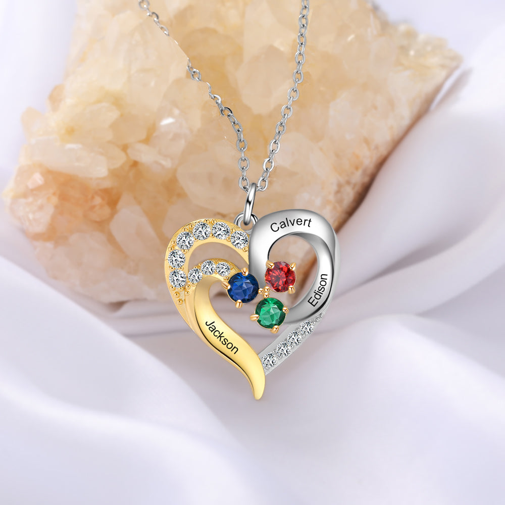 Birthstone & Engraved Two Tone Heart Necklace 1 to 4 Stones.