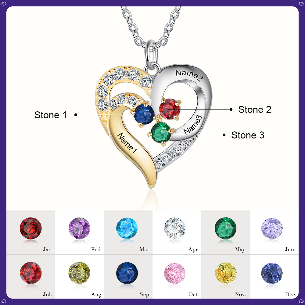 Birthstone & Engraved Two Tone Heart Necklace 1 to 4 Stones.
