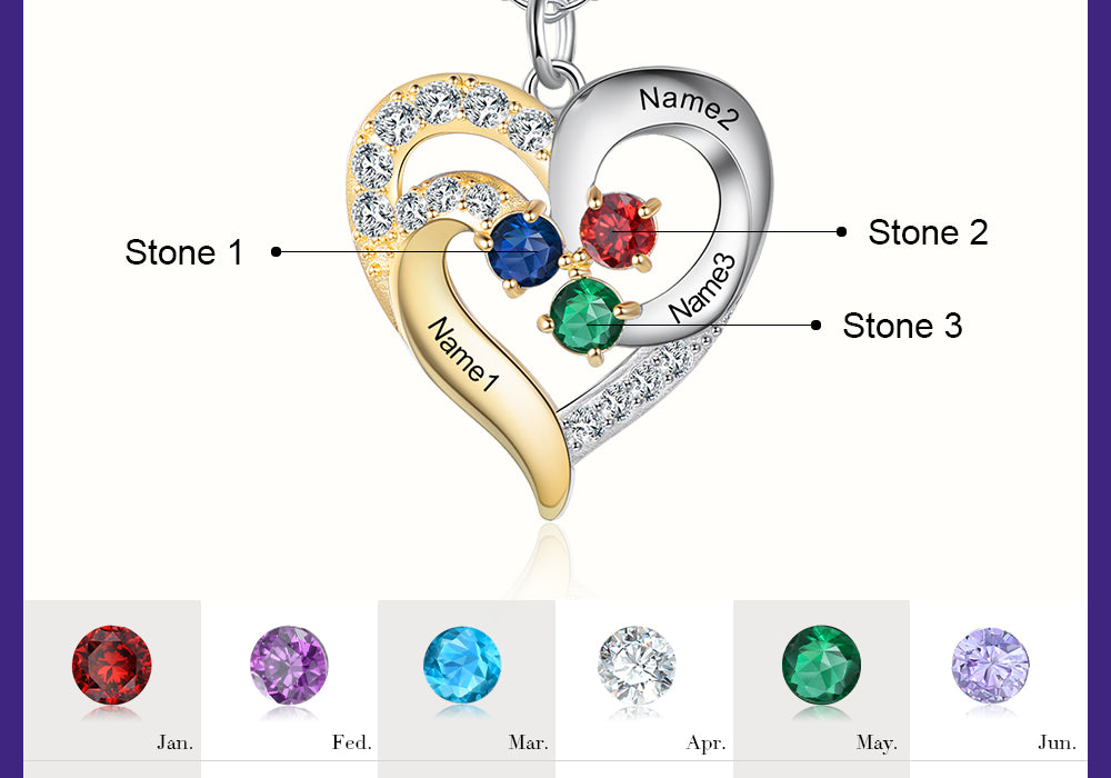 Birthstone & Engraved Two Tone Heart Necklace 1 to 4 Stones.