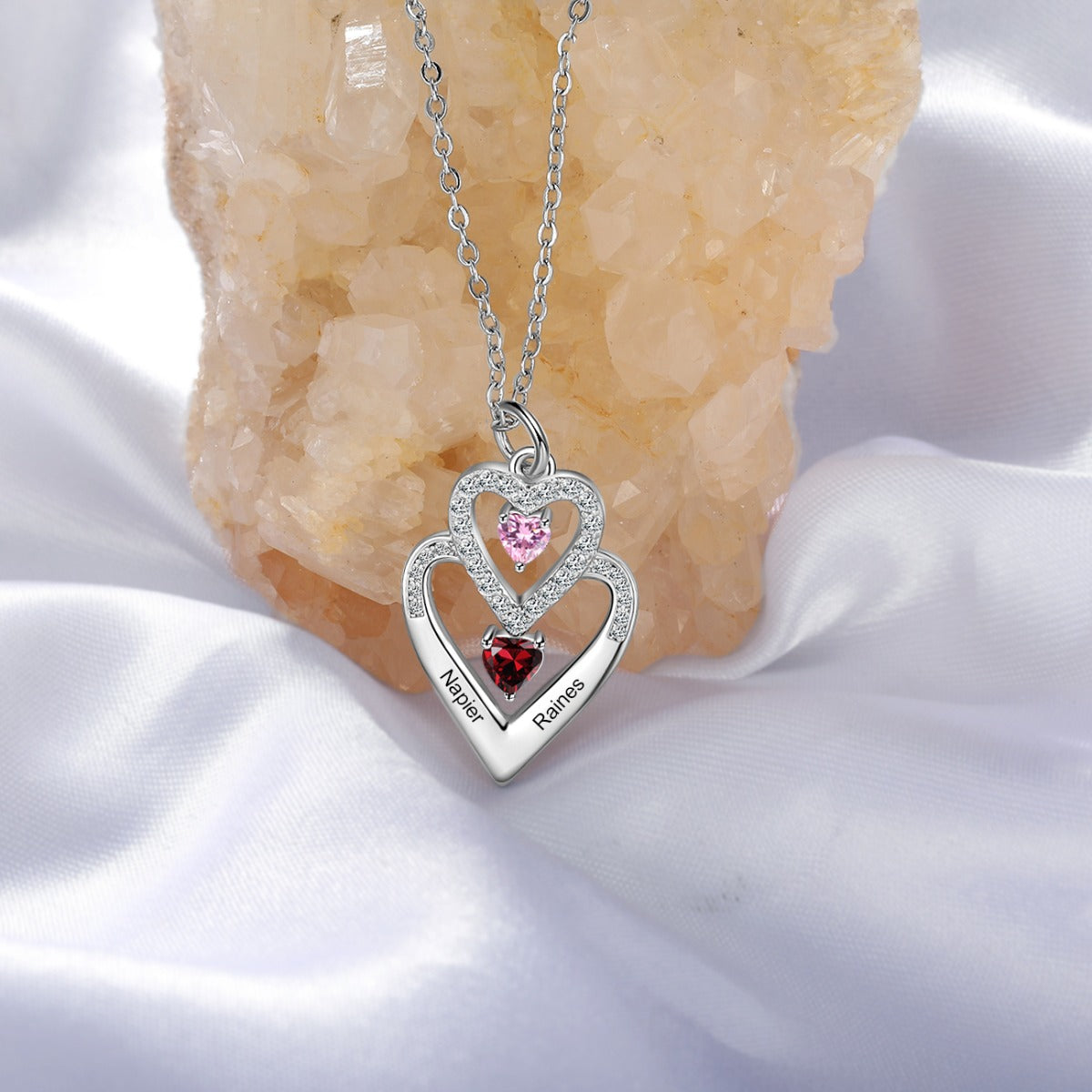 Silver Heart Shape Necklace 2 Stones