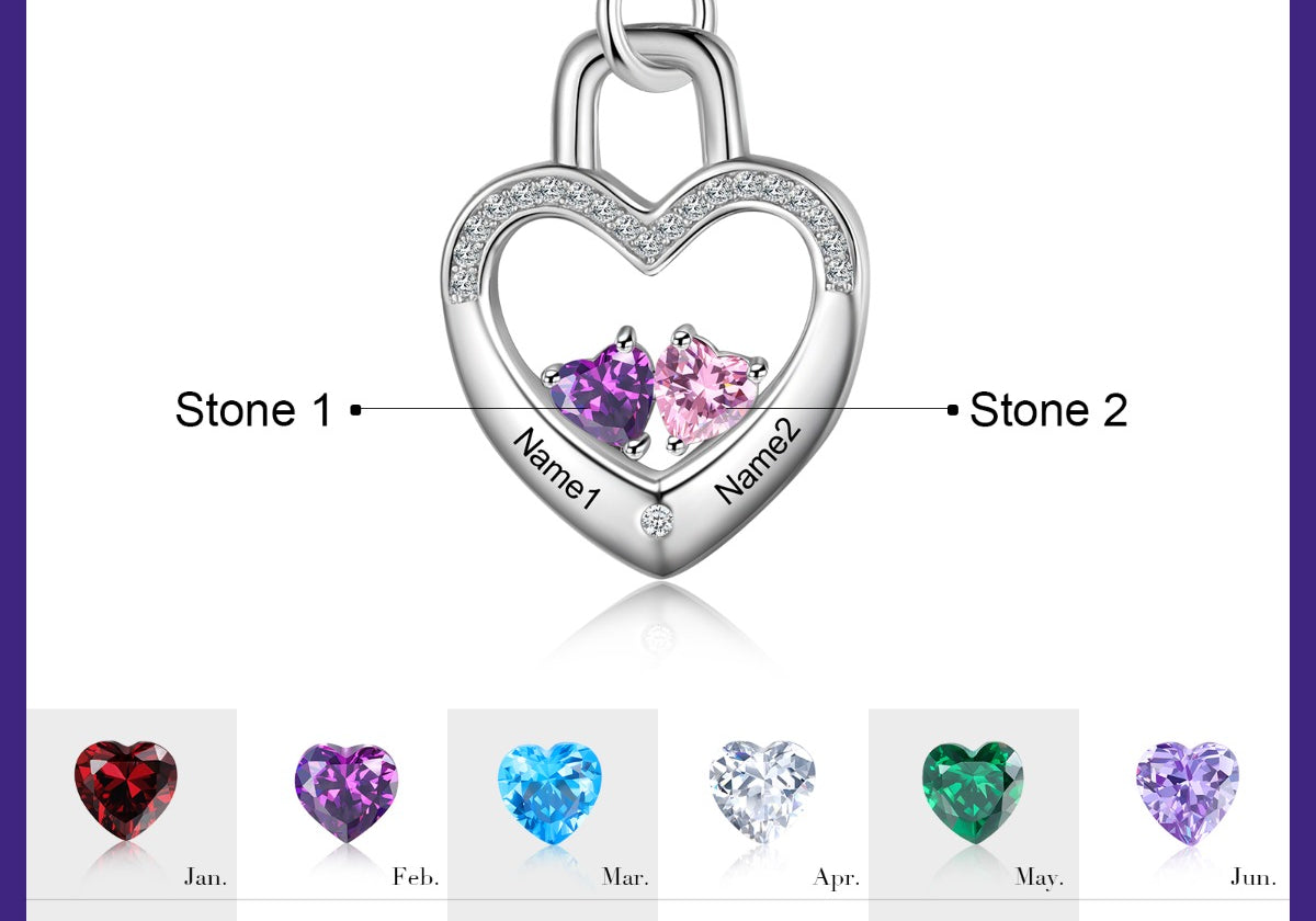 Silver Lock Pendant Necklace 2 Stones